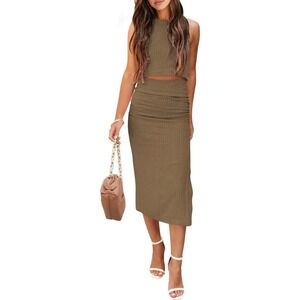 PRETTYGARDEN 2pc‎ Outfit Crewneck Tank Tops Split Bodycon Midi Dress Set